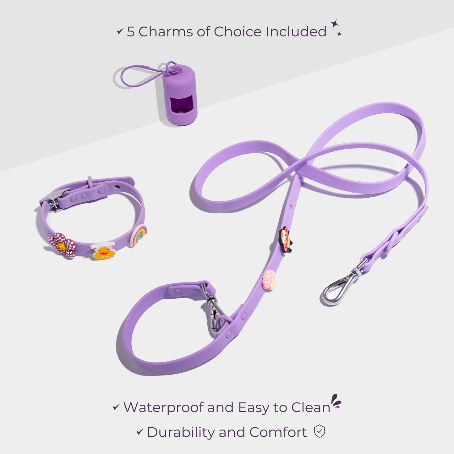 Bundle - Dog Collar, Lead, 5 Charms and Poop Bag Holder